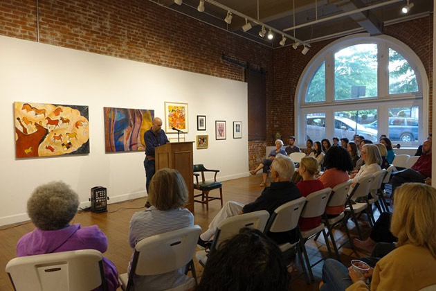 Odie Lindsey of the Center for Medicine, Health and Society at Vanderbilt University leads a discussion about the cultural components of war at the Virginia Center for the Creative Arts on June 8. (courtesy of Odie Lindsey)