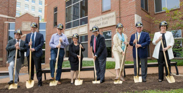 VUSN groundbreaking participants, from left: D.F. Chase President Dennis Gregory, Hastings Architecture Associate Principal Mark Zook, Vanderbilt University Architect Keith Loiseau, School of Nursing Dean Linda Norman, Vanderbilt University Chancellor Nicholas S. Zeppos, Vanderbilt University Provost and Vice Chancellor for Academic Affairs Susan R. Wente, Vanderbilt University Board of Trust Emeritus Trustee Dennis Bottorff, and School of Nursing Alumni Board President Tiffany Street. (John Russell/Vanderbilt)