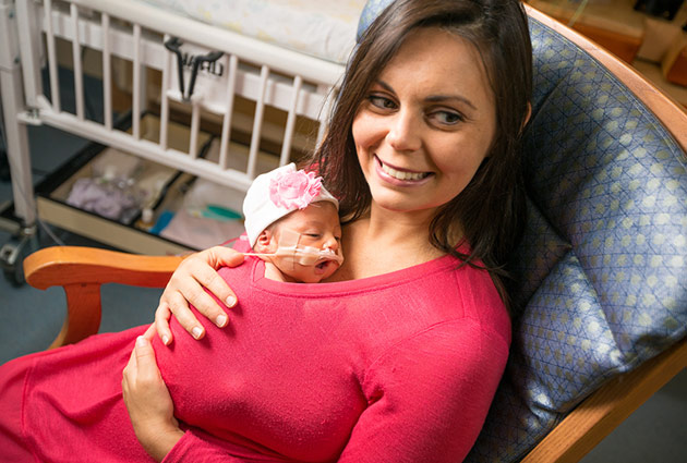 The nursing staff agreed to let LeBar hold newborn daughter in a technique called “ventral skin-to-skin contact,” which has been shown to improve premature infants’ health, both short- and long-term.