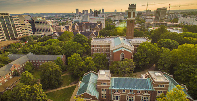 Aerial view of campus viewing Alumni Hall, Kirlkland, and Stevenson and the Medical Center in the background