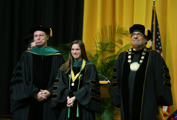 School of Medicine Dean Jeff Balser, Founder's Medalist Samantha Haley and Chancellor Nicholas S. Zeppos. (Joe Howell/Vanderbilt)