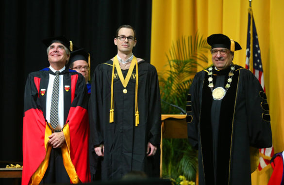 Owen School Dean Eric Johnson, Founder's Medalist Aaron Dorn and Chancellor Nicholas S. Zeppos. (Joe Howell/Vanderbilt) 