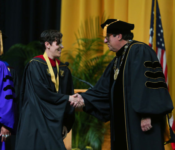 Divinity School Founder's Medalist Dorothy Parks-Piatt and Chancellor Nicholas S. Zeppos. (Joe Howell/Vanderbilt)