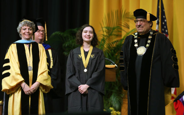 Peabody College Dean Camilla Benbow, Founder's Medalist Lauren Heyano and Chancellor Nicholas S. Zeppos. (Joe Howell/Vanderbilt)