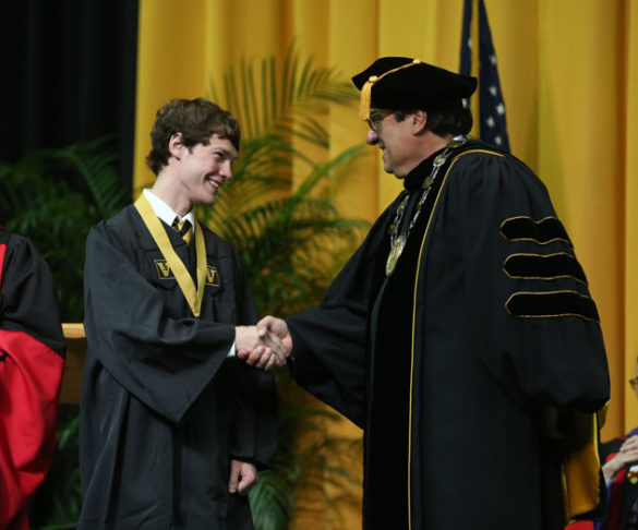 School of Engineering Founder's Medalist Duncan Morgan and Chancellor Nicholas S. Zeppos. (Joe Howell/Vanderbilt)