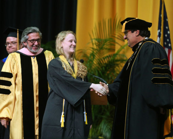 Blair School Dean Mark Wait, Founder's Medalist Mary Grace Johnson and Chancellor Nicholas S. Zeppos. (Joe Howell/Vanderbilt)