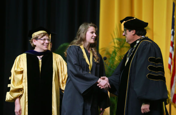 College of Arts and Science Dean Lauren Benton, Founder's Medalist Amanda Jurewicz and Chancellor Nicholas S. Zeppos. (Joe Howell/Vanderbilt)