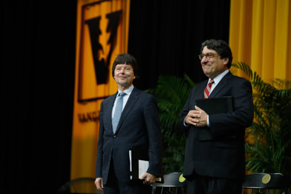 Ken Burns, recipient of the 2017 Nichols-Chancellor's Medal, and Chancellor Nicholas S. Zeppos. (Daniel Dubois/Vanderbilt)