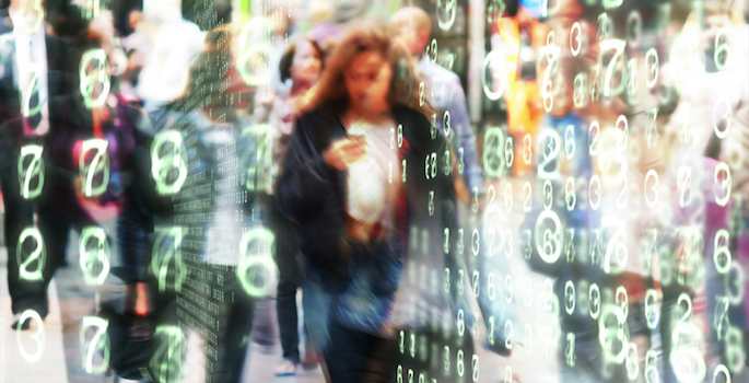 Woman looking at her phone surrounded by glowing numbers in a stylized city environment.