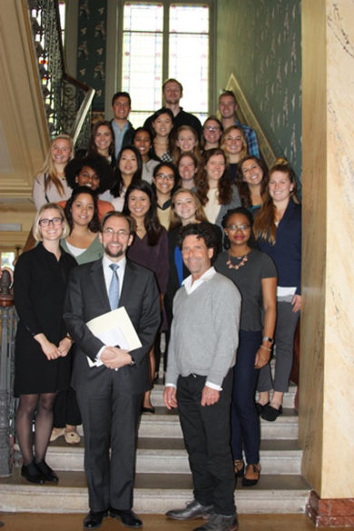 (Front row, left-right) Zeid Ra’ad Al Hussein and Robert Barsky and Vanderbilt students at the Palais Wilson in Geneva, Switzerland.