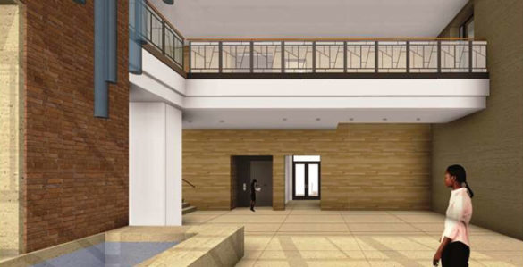 A view of the Divinity School lobby's interior. (rendering by Gilbert, Mclaughlin, Casella Architects)