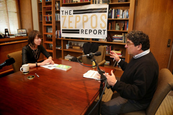 Chancellor Nicholas S. Zeppos (right) interviews Janette Sadik-Khan, one of the world’s leading voices on urban transportation policy, for "The Zeppos Report" podcast. (Vanderbilt University)