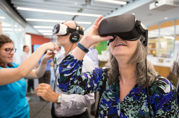 FutureVU Expo attendees at the Vanderbilt campus past and present 360-degree virtual reality experience. (Joe Howell/Vanderbilt)