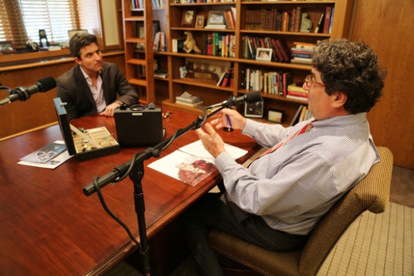 Chancellor Nicholas S. Zeppos (right) interviews WiseWear CEO Jerry Wilmink for the latest episode of "The Zeppos Report." 