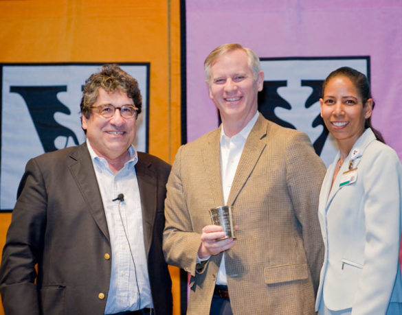 Chancellor Nicholas S. Zeppos, Madison Sarratt Prize winner Andy Van Schaack, and Faculty Senate Chair Charlene Dewey. (Vanderbilt University)