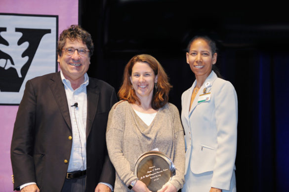 Chancellor Nicholas S. Zeppos, Joe B. Wyatt Distinguished University Professor Award winner Laurie Cutting, and Faculty Senate Chair Charlene Dewey. (Vanderbilt University)