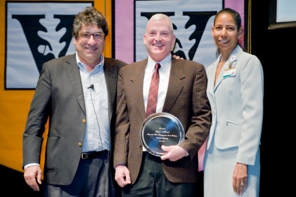 Chancellor Nicholas S. Zeppos, Alexander Heard Distinguished Service Professor Award winner Gene LeBoeuf, and Faculty Senate Chair Charlene Dewey. (Vanderbilt University)