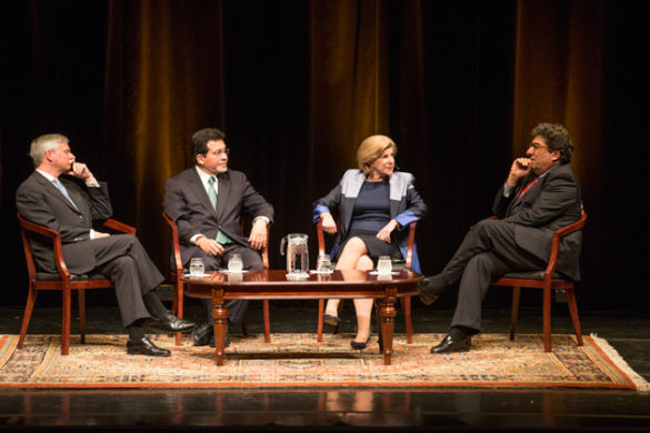 Chancellor Nicholas S. Zeppos (far right) hosted Jon Meacham, Alberto Gonzales and Nina Totenberg for a Chancellor's Lecture Series discussion regarding the U.S. Supreme Court March 30 in Langford Auditorium. (Joe Howell/Vanderbilt)