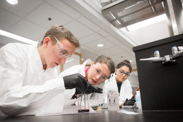 Middle Tennessee high school students learned how to make solar cells out of blackberry juice and measure the electrical power produced by the juice March 8. (Susan Urmy/Vanderbilt)