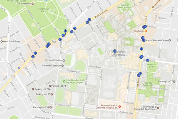 Map of MTA bus stops along 21st Avenue and West End Avenue.