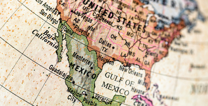 close up of US and Mexico on world map