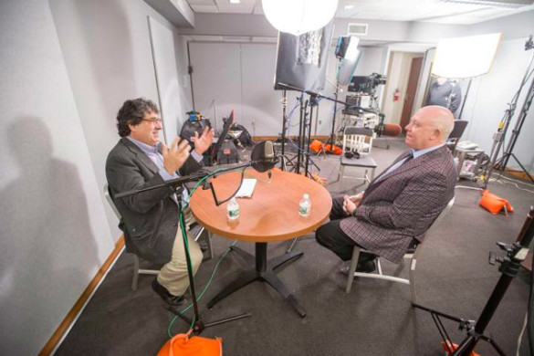 (L-r) Chancellor Nicholas S. Zeppos interviews political scientist John Geer for "The Zeppos Report." (John Russell/Vanderbilt)