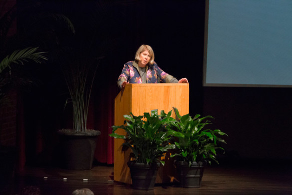 Kay Redfield Jamison discussed bipolar illness and read from her memoir "An Unquiet Mind" during the Chancellor's Lecture Series event Jan. 31 in Sarratt Cinema. (Susan Urmy/Vanderbilt)