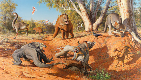 Several large lizards and mammals squaring up for a fight in a dry desert setting