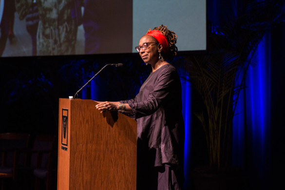 Kimberlé Crenshaw delivered the 2017 MLK Commemorative Series keynote address in Langford Auditorium Jan. 16. (Anne Rayner/Vanderbilt)