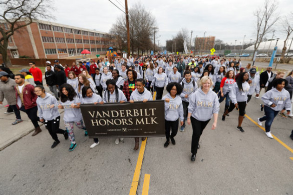 Provost and Vice Chancellor for Academic Affairs Susan R. Wente marches with Vanderbilt students Jan. 16. (John Russell/Vanderbilt)