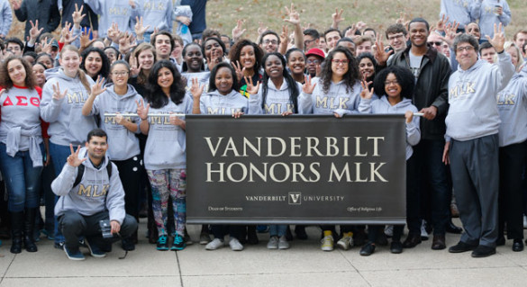 Chancellor Nicholas S. Zeppos (far right) and students gathered for the Nashville Freedom March Jan. 16. (John Russell/Vanderbilt)