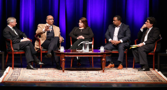 The Jan. 17 Chancellor's Lecture featured (l-r) Vanderbilt Distinguished Visiting Professor Jon Meacham, former RNC Chair Michael Steele, Republican strategist Ana Navarro, former faith adviser to President Obama Joshua DuBois and Chancellor Nicholas S. Zeppos. (John Russell/Vanderbilt)