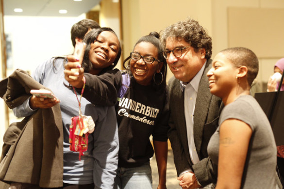 Chancellor Nicholas S. Zeppos poses for a selfie with students at the Mega Stress Fest Dec. 2 at the Student Life Center. (Daniel Dubois/Vanderbilt)