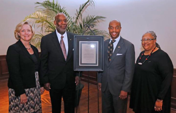 L-r: Vanderbilt Provost Susan R. Wente, Forrest Harris, honoree Harold M. Love Jr. and Dean Emilie Townes. (Steve Green/Vanderbilt)