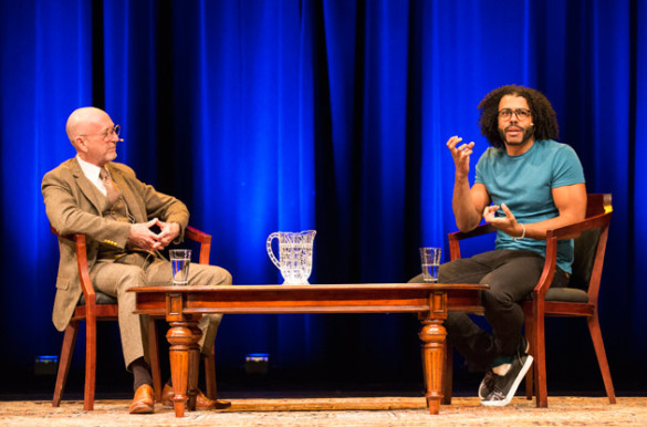 Associate Professor of Musicology James Lovensheimer moderated a discussion with Tony Award-winner Daveed Diggs at Langford Auditorium Nov. 9. (Joe Howell/Vanderbilt)