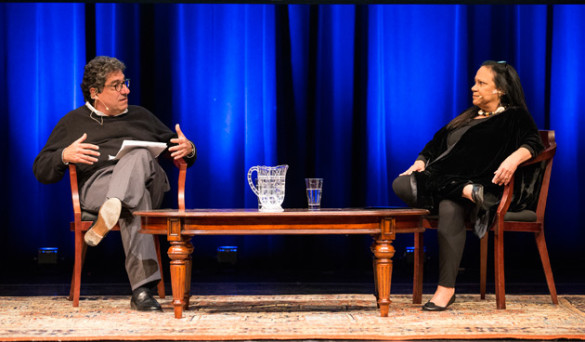 Chancellor Nicholas S. Zeppos and Writer-in-residence Alice Randall discuss Alexander Hamilton's influence on contemporary American politics Nov. 9 in Langford Auditorium. (Joe Howell/Vanderbilt)