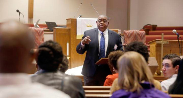 An attentive audience listens to Vanderbilt's Dennis Dickerson, the James M. Lawson, Jr. Professor of History, at the Greater Bethel African Methodist Episcopal Church as part of the Nov. 5 Chancellor Charter interfaith tour. Lawson led nonviolence workshops at the church during the civil rights movement. (Steve Green/Vanderbilt)