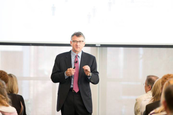 Vice Chancellor for Information Technology John Lutz served as master of ceremonies for the SkyVU Town Hall on Oct. 25. (Vanderbilt University)