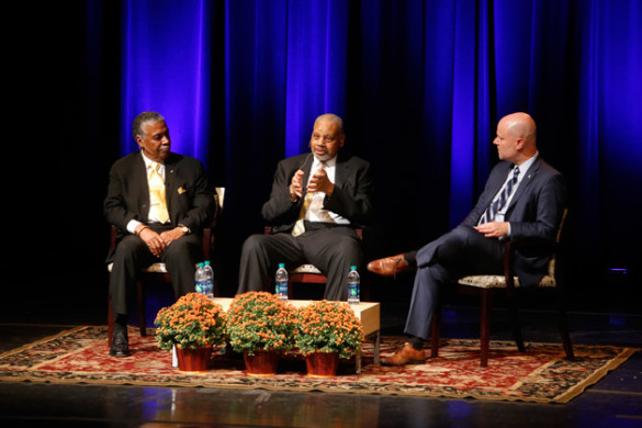 Vanderbilt alumni Godfrey Dillard (left) and Perry Wallace (center) discussed their experiences as young African American students on the Vanderbilt campus in the late-1960s with author Andrew Maraniss (right) during the 2016 Lawson Lectures in Langford Auditorium Sept. 27. (Steve Green/Vanderbilt)