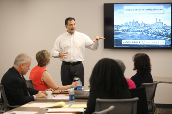 Vice Chancellor for Administration Eric Kopstain discusses the FutureVU planning process and the history of land use planning at Vanderbilt at the Faculty Advisory Committee meeting Sept. 22. (John Russell/Vanderbilt)