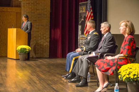 Chancellor Nicholas S. Zeppos addresses Army ROTC cadets and others gathered for a leadership symposium Sept. 27 in Sarratt Cinema. (Joe Howell/Vanderbilt)