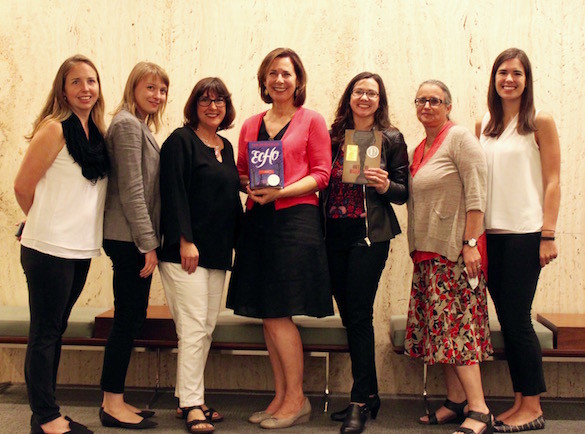 The winning authors of the Americas Awards, joined by the award committee (l-r): co-coordinator Denise Woltering Vargas of Tulane University, committeewoman Paula Mason, committeewoman Denise Croker, author Pam Muñoz Ryan, author Ashley Hope Pérez, committeewoman Laura Kleinmann and co-cordinator Lisa Finelli of Vanderbilt University.