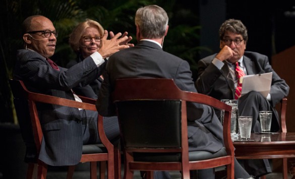 "Washington Post" columnist Eugene Robinson and "Wall Street Journal" columnist Peggy Noonan kicked off the 2016-17 Chancellor's Lecture Series in a conversation hosted by Chancellor Nicholas S. Zeppos (far right) and Vanderbilt Distinguished Visiting Professor Jon Meacham (back to camera). (John Russell/Vanderbilt)