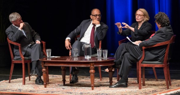 L-r: Jon Meacham, Eugene Robinson, Peggy Noonan and Chancellor Nicholas S. Zeppos at the Sept. 14 Chancellor's Lecture in Langford Auditorium. (John Russell/Vanderbilt)