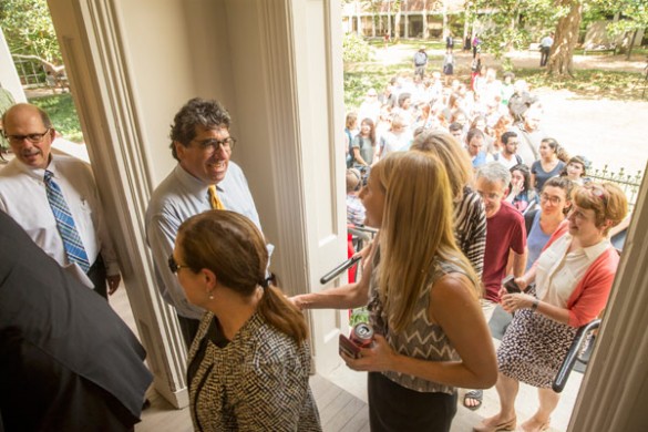 Chancellor Nicholas S. Zeppos greets guests at the grand opening of the Center for Student Wellbeing Aug. 31. (John Russell/Vanderbilt)