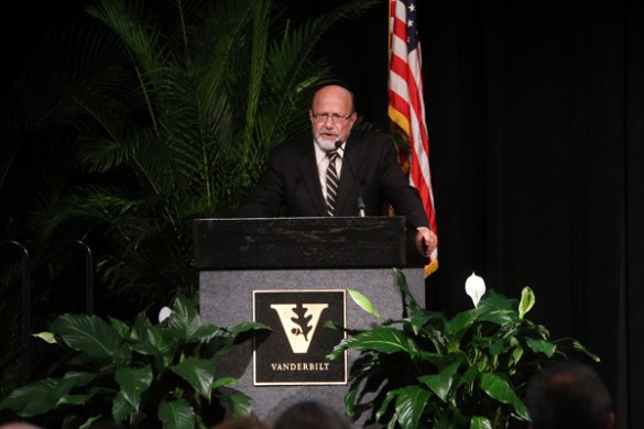 K. Arthur Overholser, senior associate dean of the School of Engineering and professor of biomedical engineering and chemical engineering, opened the 2016 Fall Faculty Assembly with his presentation “Vanderbilt, 1961-2016.” (Steve Green/Vanderbilt)