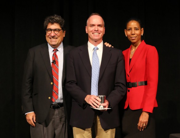 Chancellor Nicholas S. Zeppos; Alan Wiseman, professor of political science and professor of law; and Faculty Senate Chair Charlene Dewey. (Steve Green/Vanderbilt)