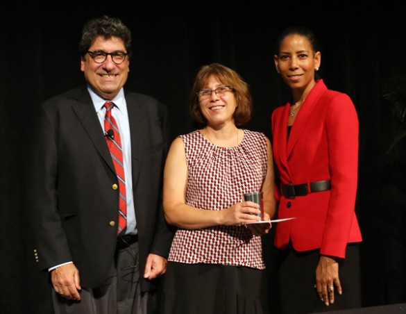 Chancellor Nicholas S. Zeppos; Julia Velkovska, professor of physics and director of graduate studies; and Faculty Senate Chair Charlene Dewey. (Steve Green/Vanderbilt)