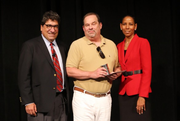 Chancellor Nicholas S. Zeppos; Christopher Johns, Norman and Roselea Goldberg Professor of History of Art; and Faculty Senate Chair Charlene Dewey. (Steve Green/Vanderbilt)