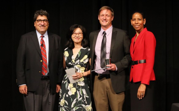 Chancellor Nicholas S. Zeppos; Sohee Park, Gertrude Conaway Professor of Psychology; Geoffrey Woodman, associate professor of psychology; and Faculty Senate Chair Charlene Dewey. (Steve Green/Vanderbilt)